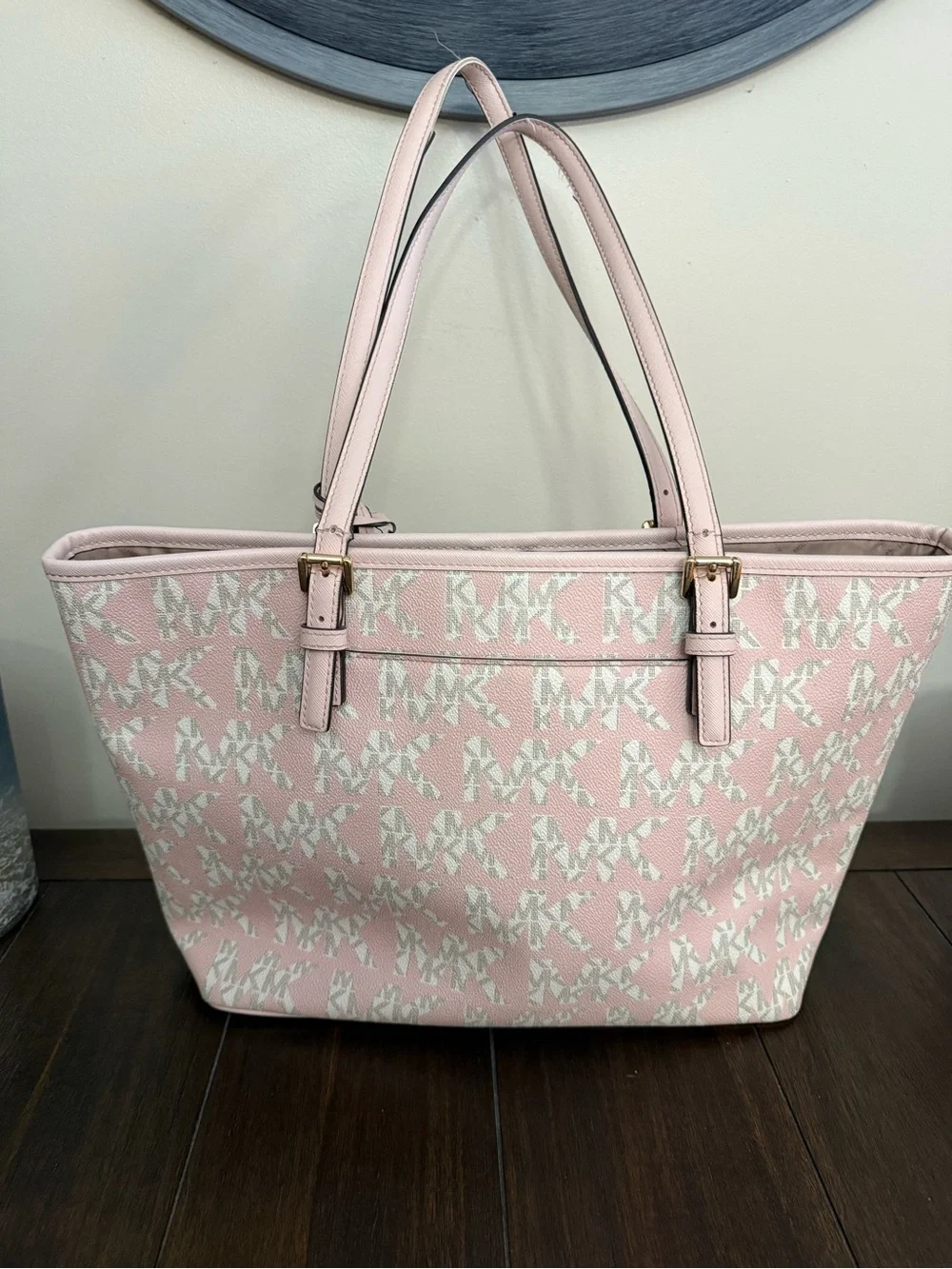 Michael Kors Pink and White Stripe Logo Tote